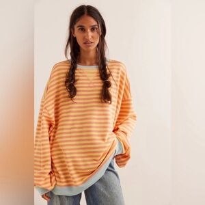 NWOT $98 Free People Classic Striped Oversized Crew Pullover Sweater Tangerine